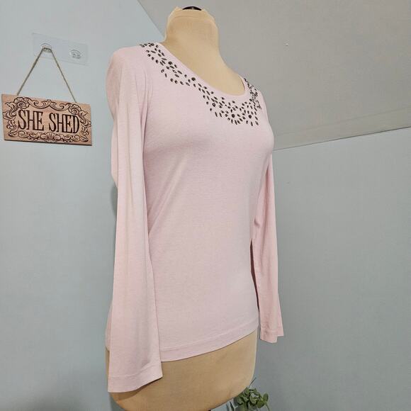 New Chico's Posh Pink Dazzling Rhinestone Scoopneck Long Sleeve Embellished Top - Picture 3 of 12